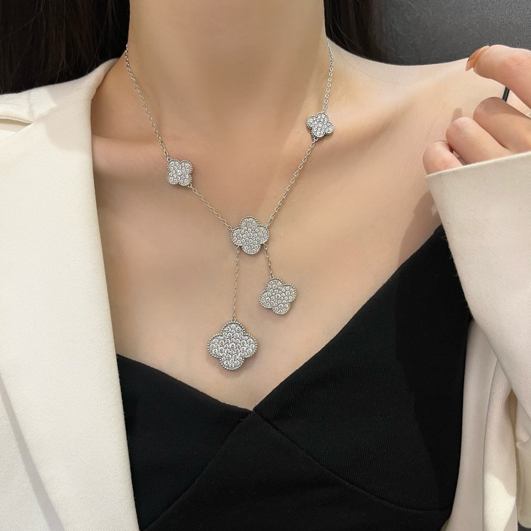 [Mystic]CLOVER 5 MOTIFS SILVER DIAMONDS NECKLACE