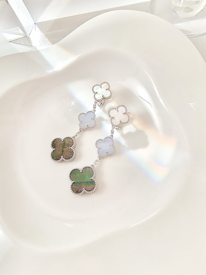 [Mystic]CLOVER 3 MOTIFS CHALCEDONY DARK MOP SILVER EARRINGS