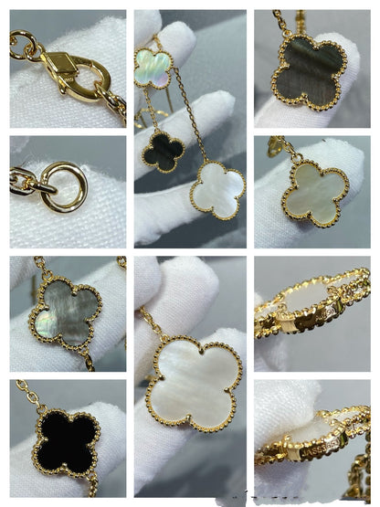 [Mystic]CLOVER 6 MOTIF MOP ONYX GOLD NECKLACE